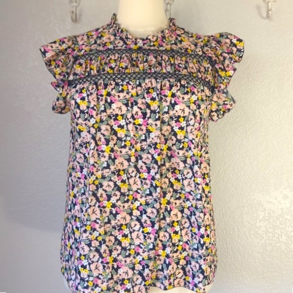 Lane Bryant Sz 18 Peasant Blouse Navy Ditsy Floral Flutter Cap Sleeves Cotton